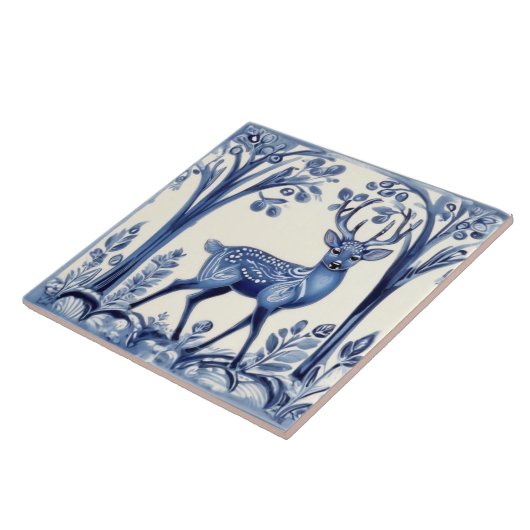 鹿の青と白の森のフォーク動物アート タイル (側面)