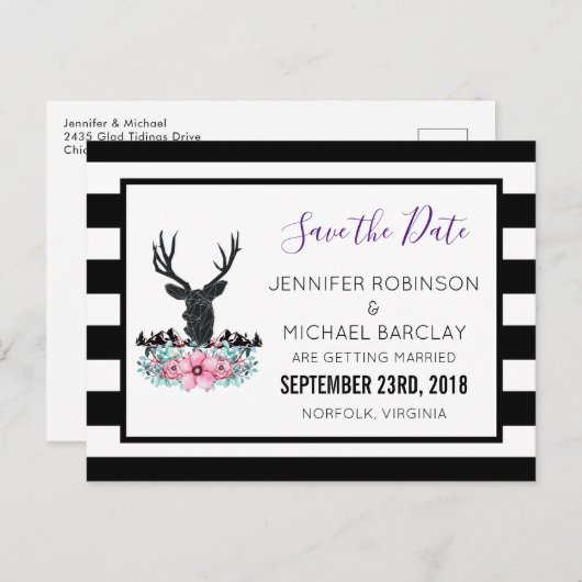 鹿の頭と花と山の保存日付 案内ポストカード (正面/裏面)