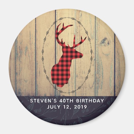 鹿の頭と角付きのフェイクウッド誕生日 マグネット (正面)