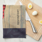 鹿の頭と〔雄ジカの〕枝角素朴- Red Plaid キッチンタオル (四つ折り)