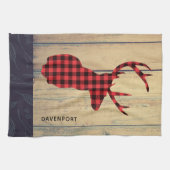 鹿の頭と〔雄ジカの〕枝角素朴- Red Plaid キッチンタオル (横)