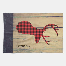 鹿の頭と〔雄ジカの〕枝角素朴- Red Plaid キッチンタオル