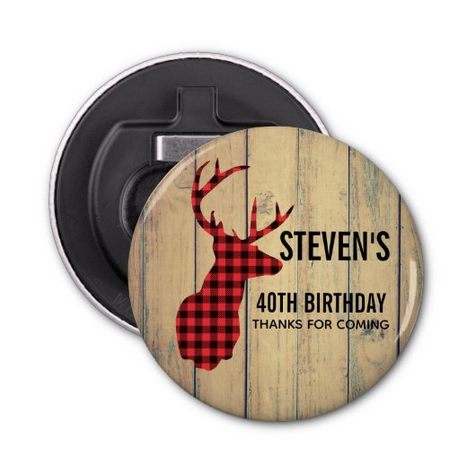 鹿の頭と〔雄ジカの〕枝角素朴- Red Plaid 栓抜き (正面)