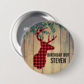 鹿の頭と〔雄ジカの〕枝角素朴- Red Plaid 缶バッジ (正面&裏面)