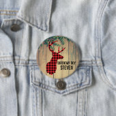 鹿の頭と〔雄ジカの〕枝角素朴- Red Plaid 缶バッジ (インサイチュ)