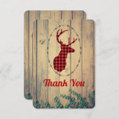 鹿の頭と〔雄ジカの〕枝角赤い格子付き素朴ありがとう サンキューカード (正面/裏面)