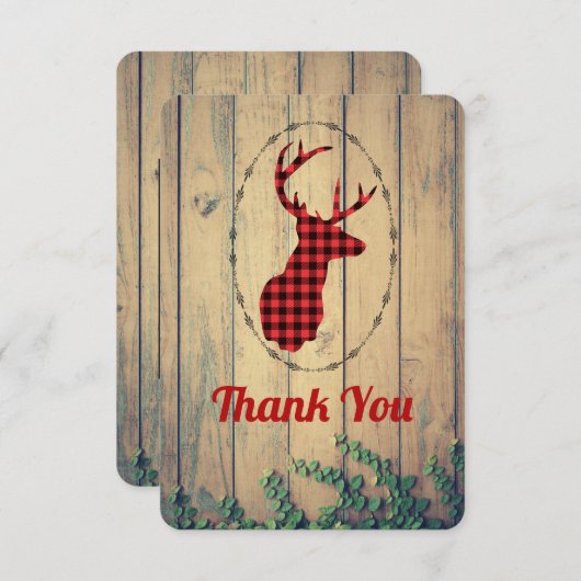 鹿の頭と〔雄ジカの〕枝角赤い格子付き素朴ありがとう サンキューカード (正面/裏面)
