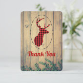 鹿の頭と〔雄ジカの〕枝角赤い格子付き素朴ありがとう サンキューカード (スタンド正面)