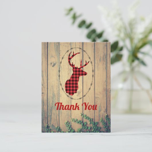 鹿の頭と〔雄ジカの〕枝角赤い格子付き素朴ありがとう ポストカード (スタンド正面)