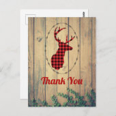 鹿の頭と〔雄ジカの〕枝角赤い格子付き素朴ありがとう ポストカード (正面/裏面)