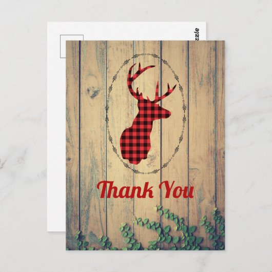 鹿の頭と〔雄ジカの〕枝角赤い格子付き素朴ありがとう ポストカード (正面/裏面)