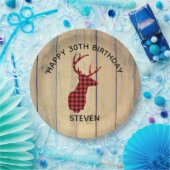 鹿の頭と〔雄ジカの〕枝角 – レッドプレイド素朴誕生日 ペーパープレート (パーティー)