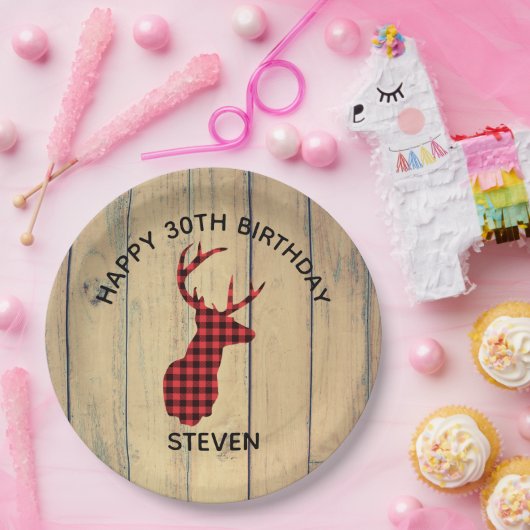 鹿の頭と〔雄ジカの〕枝角 – レッドプレイド素朴誕生日 ペーパープレート (パーティー)