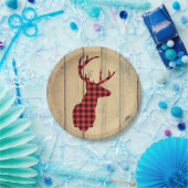 鹿の頭と〔雄ジカの〕枝角 – 赤い格子縞素朴 ペーパープレート (パーティー)