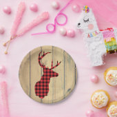 鹿の頭と〔雄ジカの〕枝角 – 赤い格子縞素朴 ペーパープレート (パーティー)