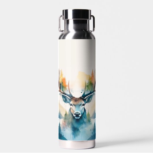 鹿の頭に〔雄ジカの〕枝角と森の木 ウォーターボトル (正面)