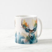 鹿の頭に〔雄ジカの〕枝角と森の木 コーヒーマグカップ (正面右)