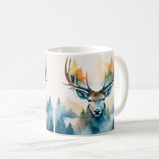 鹿の頭に〔雄ジカの〕枝角と森の木 コーヒーマグカップ (正面右)