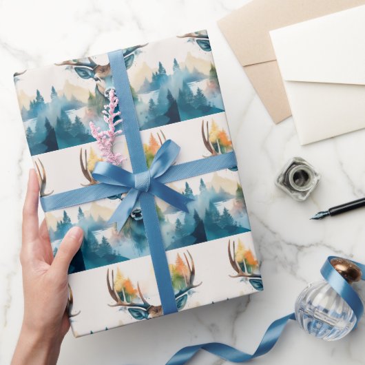 鹿の頭に〔雄ジカの〕枝角と森の木 ラッピングペーパー (ギフト)