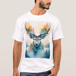 鹿の頭に〔雄ジカの〕枝角と森の木 Tシャツ