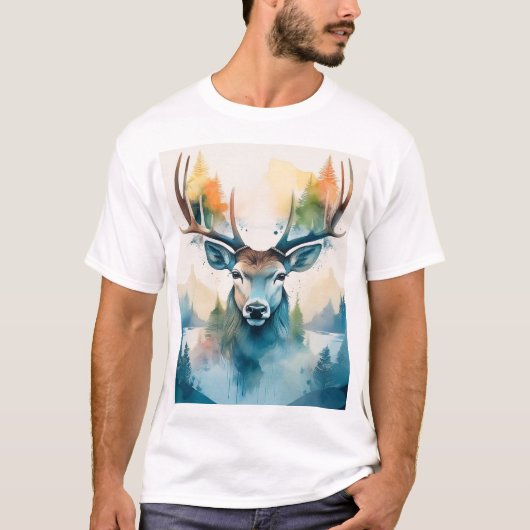 鹿の頭に〔雄ジカの〕枝角と森の木 Tシャツ (正面)