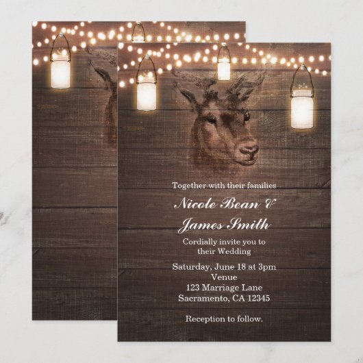 鹿の頭のストリングライトと木のウェディング招待状 招待状 (正面/裏面)