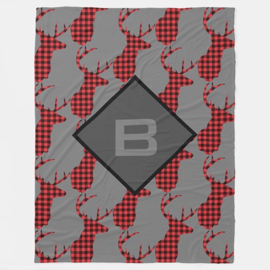 鹿の頭の〔雄ジカの〕枝角パターンバッファロープレイドモノグラム フリースブランケット (正面)