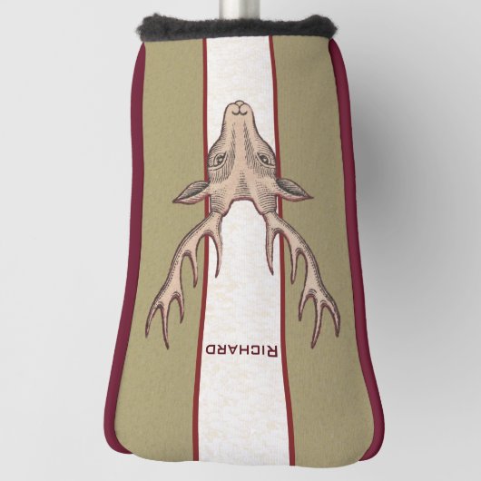 鹿の頭の〔雄ジカの〕枝角ブラックエッチングオンレッドホワイトタン ゴルフヘッドカバー (回転90)