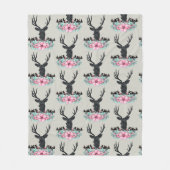 鹿の頭ピンクの花と山のパターン フリースブランケット (正面)