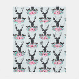 鹿の頭ピンクの花と山のパターン フリースブランケット