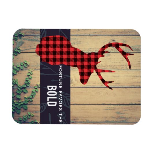 鹿の頭 – 素朴赤い格子模様(引用文付) マグネット (横)