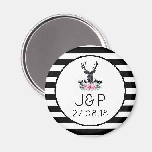 鹿の頭(花と山の結婚日付付付き) マグネット (正面/裏面)