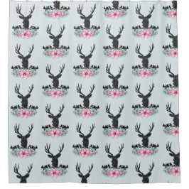 鹿の頭(花と山の青淡い色の背中) シャワーカーテン