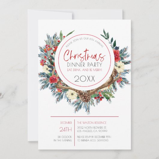 鹿の〔雄ジカの〕枝角とクリスマスフラワーリース シーズンカード (正面)