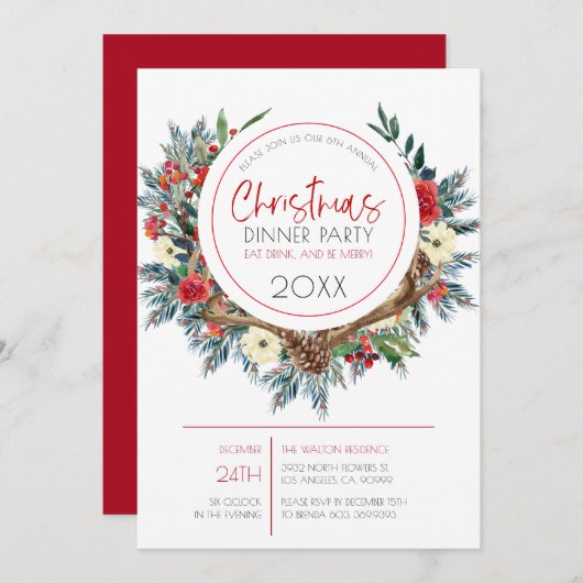 鹿の〔雄ジカの〕枝角とクリスマスフラワーリース シーズンカード (正面/裏面)