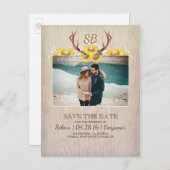 鹿の〔雄ジカの〕枝角とヒマワリの写真Save the Date 案内ポストカード (正面/裏面)