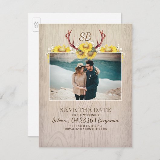 鹿の〔雄ジカの〕枝角とヒマワリの写真Save the Date 案内ポストカード (正面/裏面)