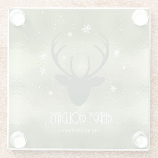 鹿の〔雄ジカの〕枝角シルエット&スノーフレーク緑ID861 ガラスコースター (裏面)