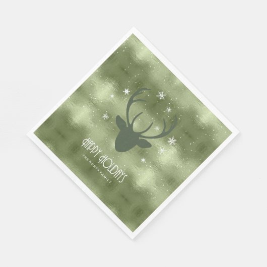 鹿の〔雄ジカの〕枝角シルエット&スノーフレーク緑ID861 スタンダードランチョンナプキン (角)