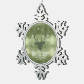 鹿の〔雄ジカの〕枝角シルエット&スノーフレーク緑ID861 スノーフレークピューターオーナメント (右)