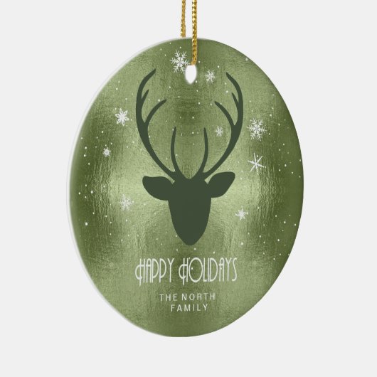 鹿の〔雄ジカの〕枝角シルエット&スノーフレーク緑ID861 セラミックオーナメント (右)