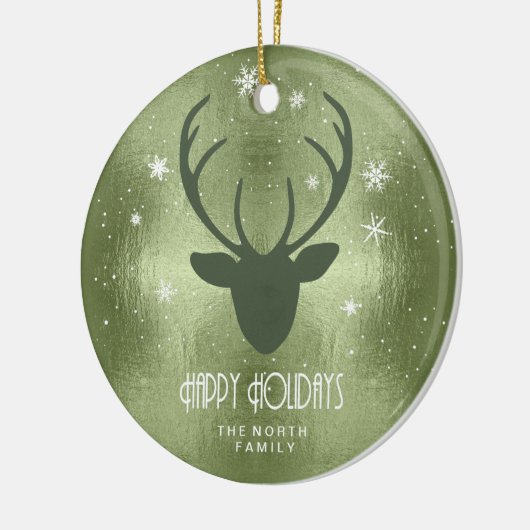 鹿の〔雄ジカの〕枝角シルエット&スノーフレーク緑ID861 セラミックオーナメント (左)