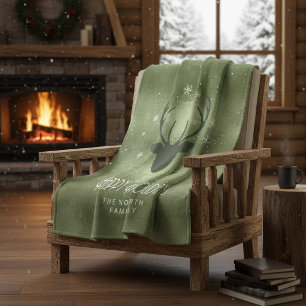 鹿の〔雄ジカの〕枝角シルエット&スノーフレーク緑ID861 フリースブランケット