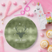 鹿の〔雄ジカの〕枝角シルエット&スノーフレーク緑ID861 ペーパープレート (パーティー)