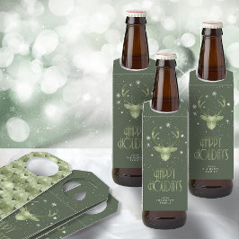 鹿の〔雄ジカの〕枝角シルエット&スノーフレーク緑ID861 ボトルネックタグ