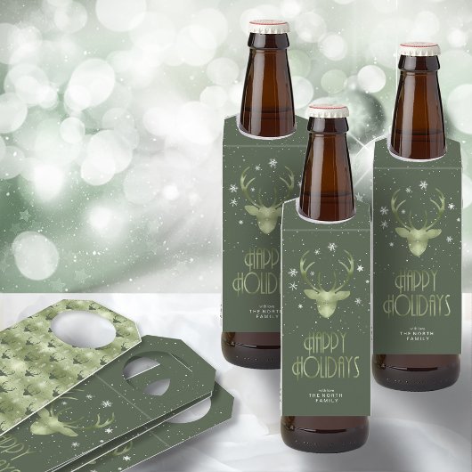 鹿の〔雄ジカの〕枝角シルエット&スノーフレーク緑ID861 ボトルネックタグ