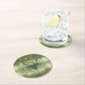 鹿の〔雄ジカの〕枝角シルエット&スノーフレーク緑ID861 ラウンドペーパーコースター (インサイチュ)