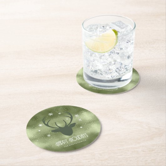 鹿の〔雄ジカの〕枝角シルエット&スノーフレーク緑ID861 ラウンドペーパーコースター (インサイチュ)