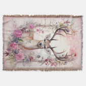 鹿の〔雄ジカの〕枝角ピンクの花ウッドシクリスマス スローブランケット (正面)