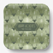 鹿の〔雄ジカの〕枝角矢印クリスマスパターングリーンID861 ペーパープレート (正面)